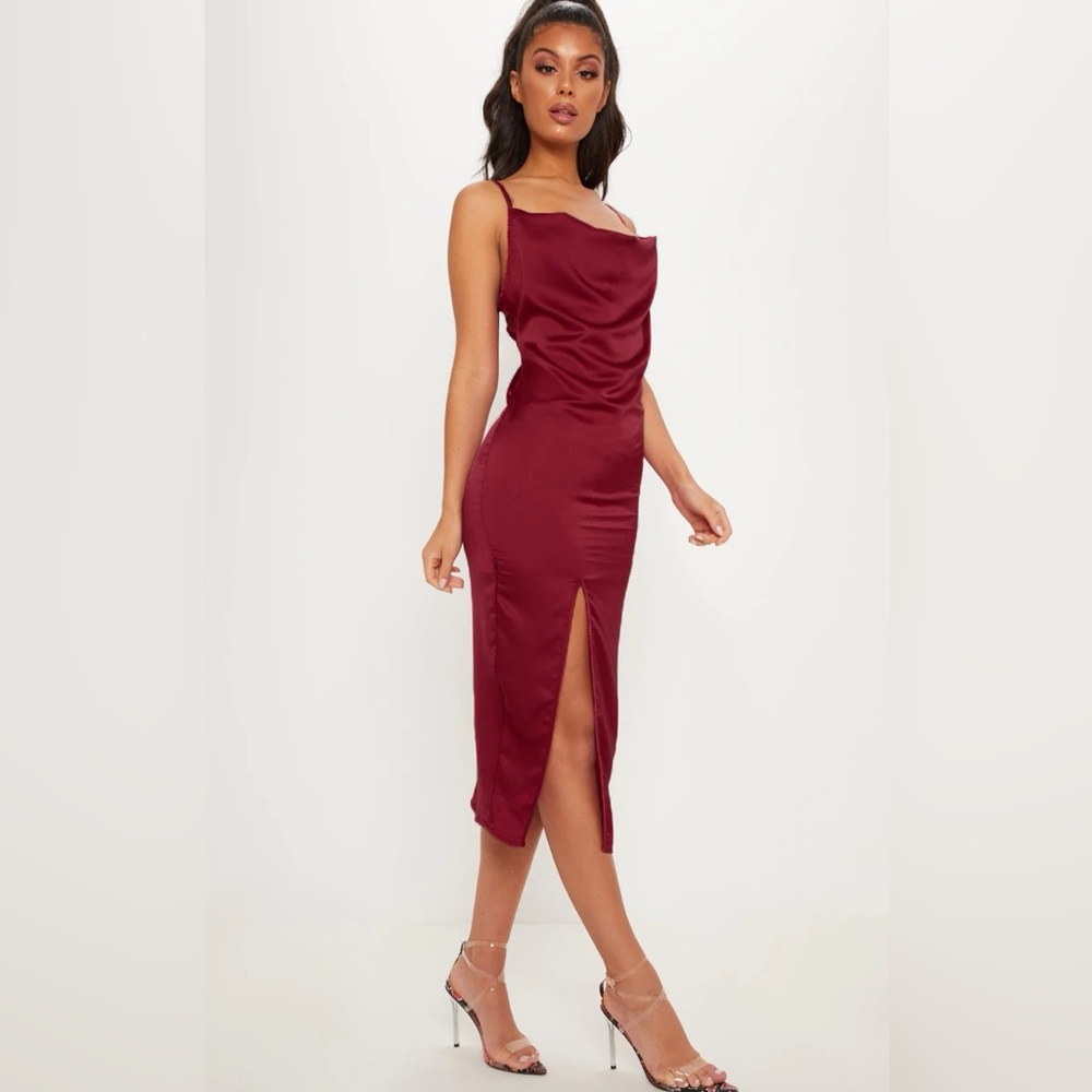 New Pretty Little Thing Maroon Cowl Neck Spaghetti Strap Dress